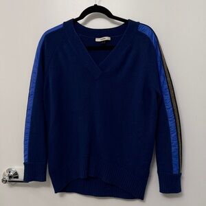 Stylish V-Neck Sweater in Navy with Black and Blue Stripes